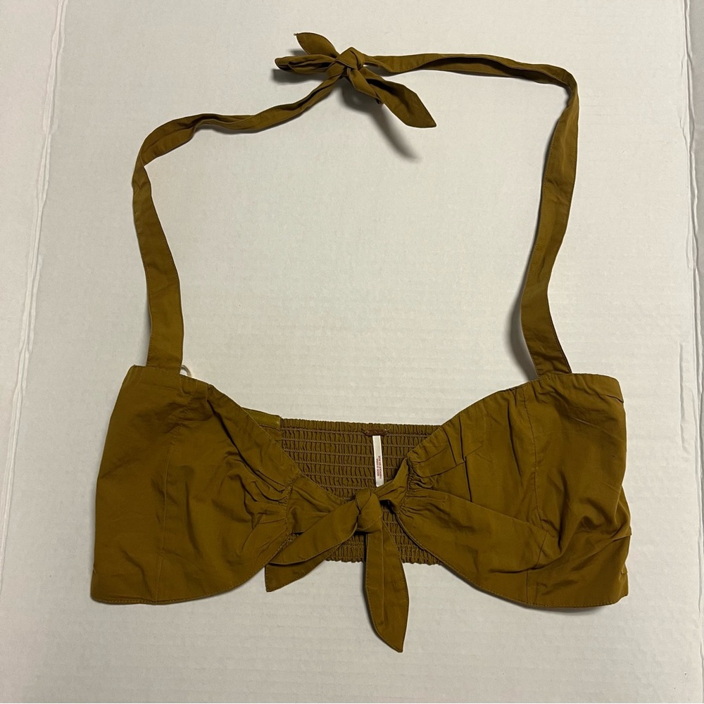Free People Top Women’s Olive Green Halter Tie Front Crop Top Sz L EUC Cotton